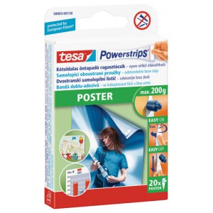 Powerstrips Poster - oboustranné proužky na plakáty, nosnost 200 g, bílé, 20 ks - tesa J58003